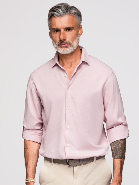 Ombre Clothing Férfi viszkóz és lenvászon ing, regular szabás – pasztell rózsaszín V3 OM-SHCS-0190 Ombre Clothing
