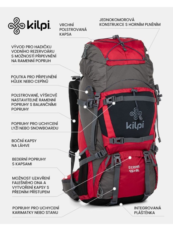 Kilpi Szürke és piros unisex sporthátizsák Kilpi ECRINS (45+5 l)
