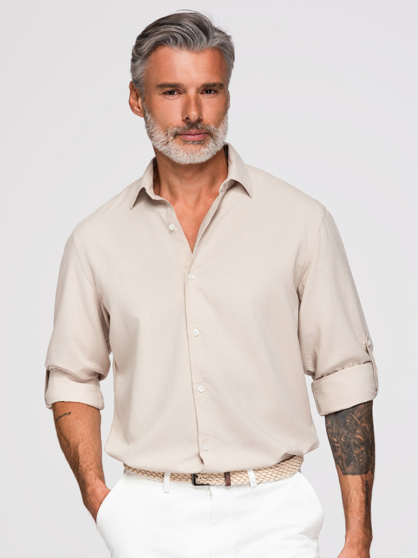 Ombre Clothing Férfi viszkóz és lenvászon ing, regular szabás – bézs V1 OM-SHCS-0190 Ombre Clothing