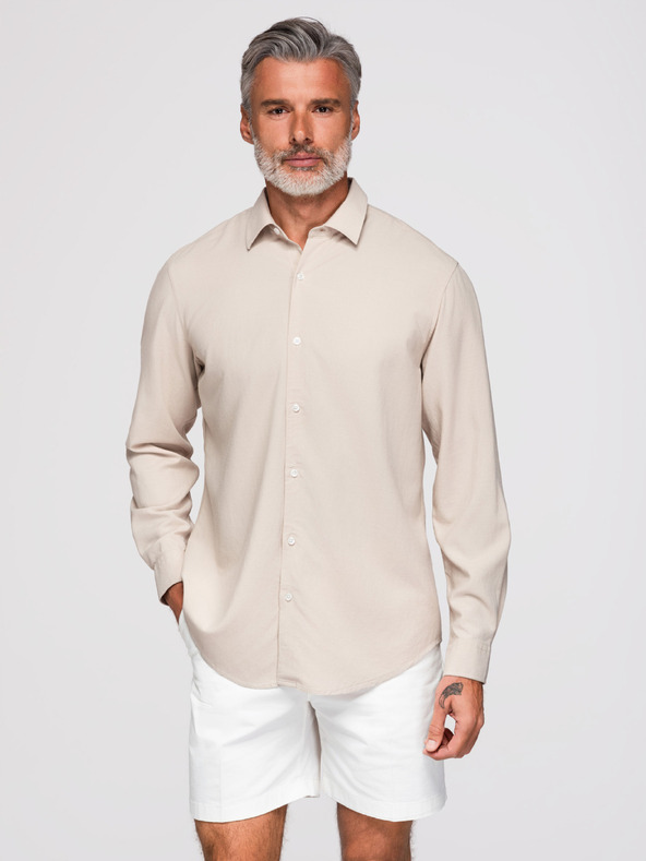 Ombre Clothing Férfi viszkóz és lenvászon ing, regular szabás – bézs V1 OM-SHCS-0190 Ombre Clothing
