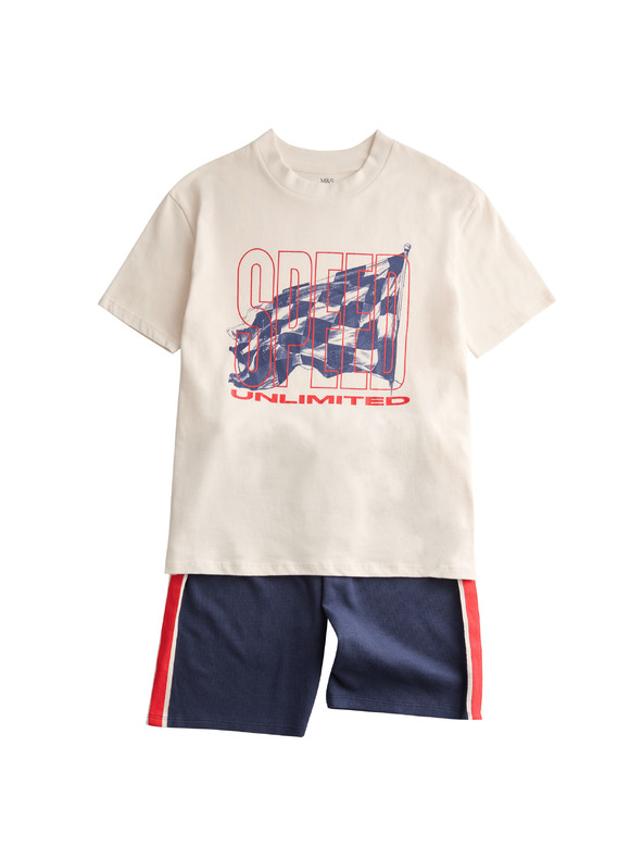 Marks & Spencer Rövid pizsamakomplekt Racing grafikával és magas pamuttartalommal (1–16 év) Marks & Spencer tengerészeti kék
