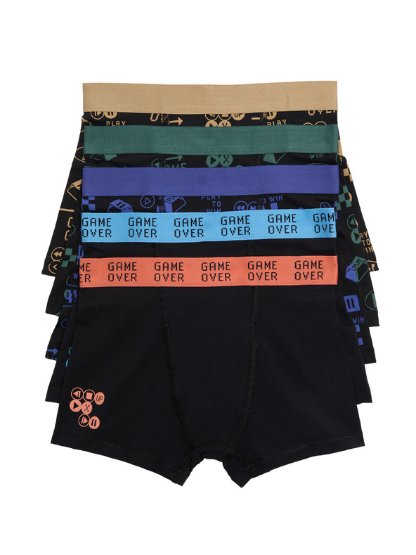 Marks & Spencer 5 pár magas pamuttartalmú játékmotívumos boxeralsó csomag (5–16 év) Marks & Spencer fekete