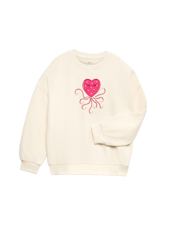 Marks & Spencer Heart Squid magas pamuttartalmú pulóver (4–10 év) Marks & Spencer krém