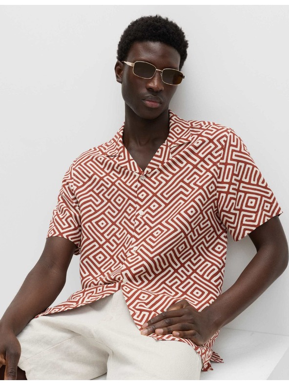 Marks & Spencer Linen keverékből készült ing rövid ujjakkal és geometrikus mintával, könnyen vasalható Marks & Spencer piros