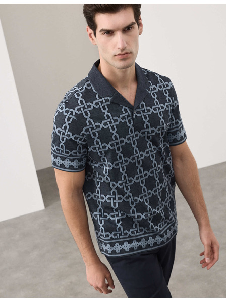 Marks & Spencer Jacquard pólóing szövetített gallérral, tiszta pamutból AOP, földrajzi motívummal Marks & Spencer tengerészeti kék