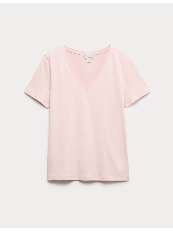 Marks & Spencer V-nyakkivágású tiszta pamutból készült póló Marks & Spencer rózsaszín