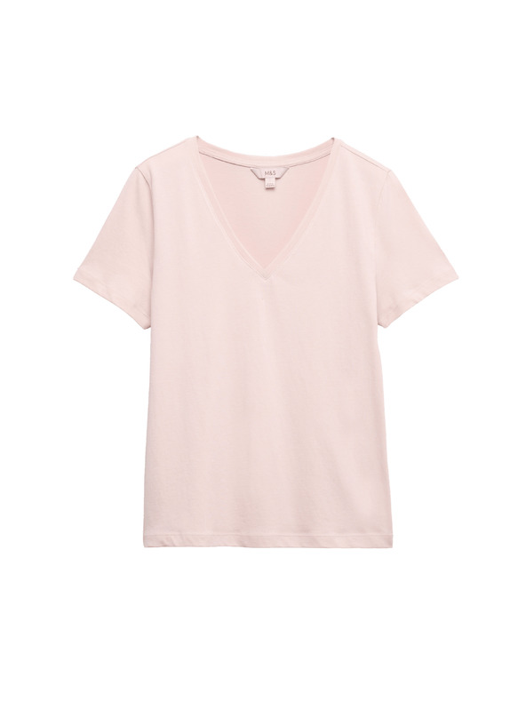 Marks & Spencer V-nyakkivágású tiszta pamutból készült póló Marks & Spencer rózsaszín