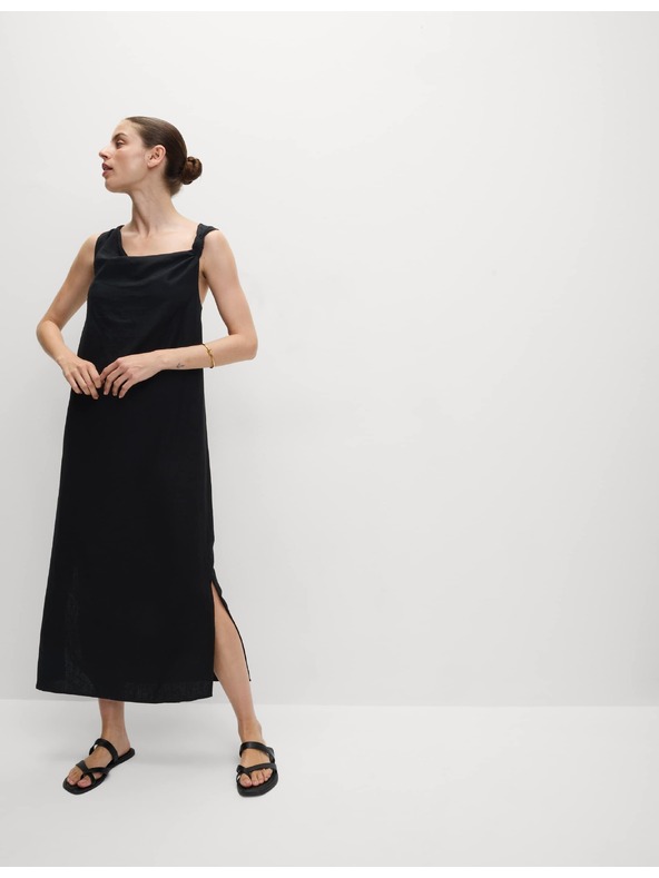 Marks & Spencer Folyékony midaxi ruha magas lenmartartalom és nyak mögött húzható kötéssel Marks & Spencer fekete