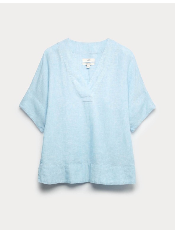Marks & Spencer Popover felső tiszta lenből V-nyakkivágással Marks & Spencer kék