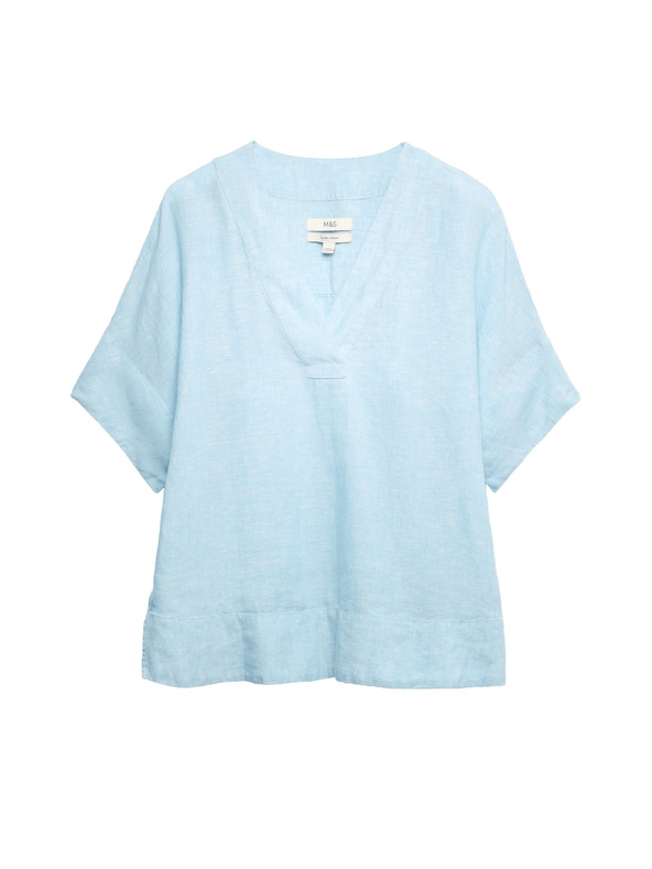 Marks & Spencer Popover felső tiszta lenből V-nyakkivágással Marks & Spencer kék