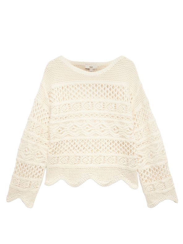 Marks & Spencer Textúrált rövidített pulóver magas pamutarányú Marks & Spencer krém