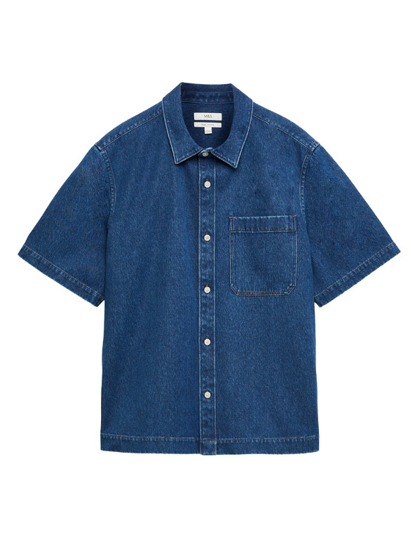 Marks & Spencer Rövid ujjú denim ing tiszta pamutból Marks & Spencer kék