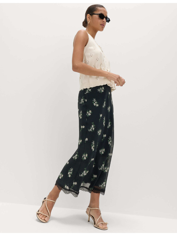 Marks & Spencer Virágmintás nyújtott midi szoknya csipkével Marks & Spencer fekete