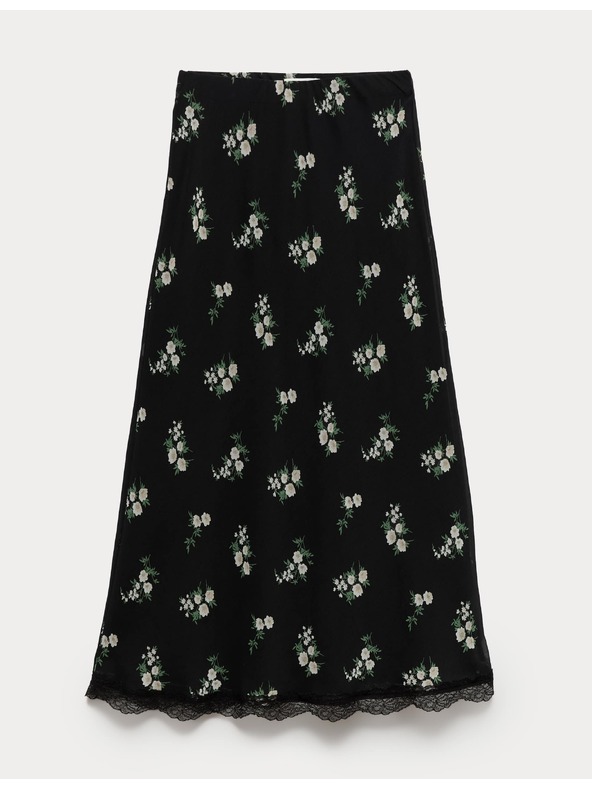 Marks & Spencer Virágmintás nyújtott midi szoknya csipkével Marks & Spencer fekete