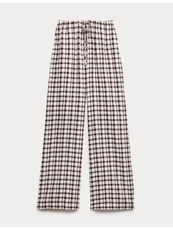 Marks & Spencer Gingham anyagból készült nadrág, magas lenvartartalmú széles lábszárú Marks & Spencer barna