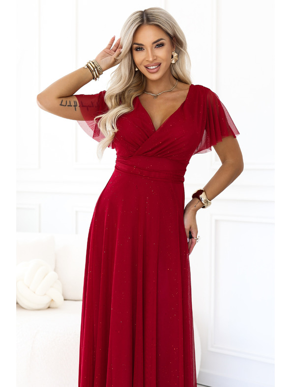 numoco MELANIA Hosszú csillogó esküvői ruha kivágással és rövid ujjal - világos bordó