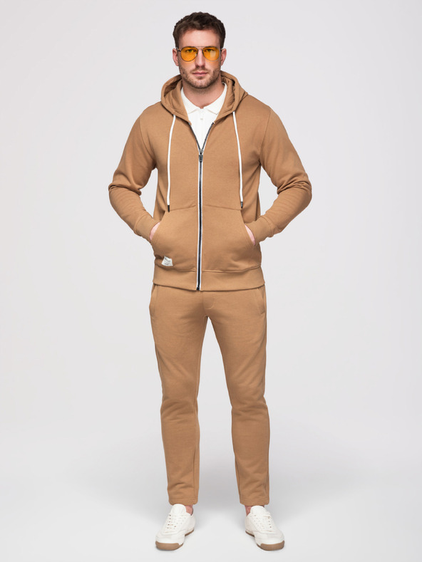 Ombre Clothing Férfi melegítő szett: kapucnis felső cipzárral + egyenes szárú nadrág – barna V2 Z23 Ombre Clothing