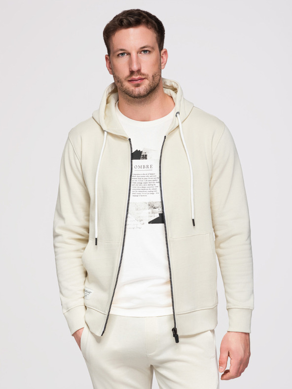 Ombre Clothing Férfi melegítő szett: kapucnis felső cipzárral + egyenes szárú nadrág – krém V11 Z23 Ombre Clothing