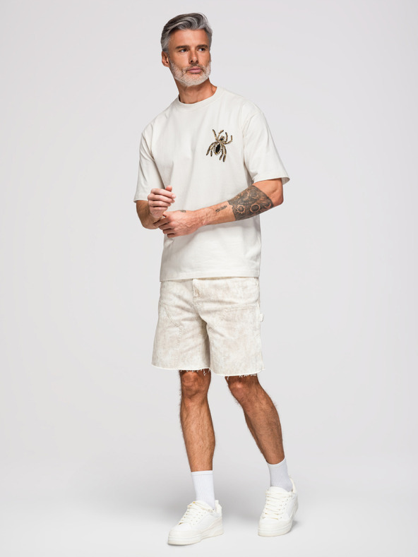 Ombre Clothing Férfi póló pókváz aplikációval kövekből és arany gyöngyökből – elefántcsont V2 OM-TSCT-0277 Ombre Clothing