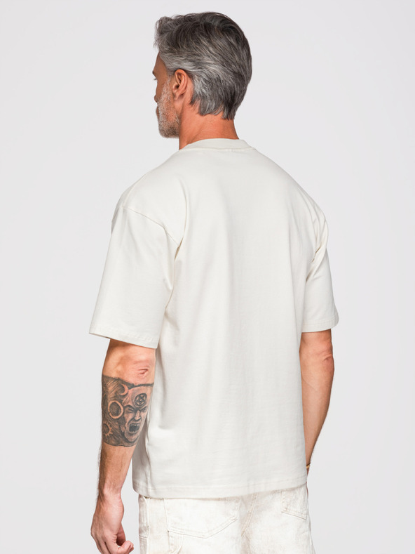 Ombre Clothing Férfi póló pókváz aplikációval kövekből és arany gyöngyökből – elefántcsont V2 OM-TSCT-0277 Ombre Clothing