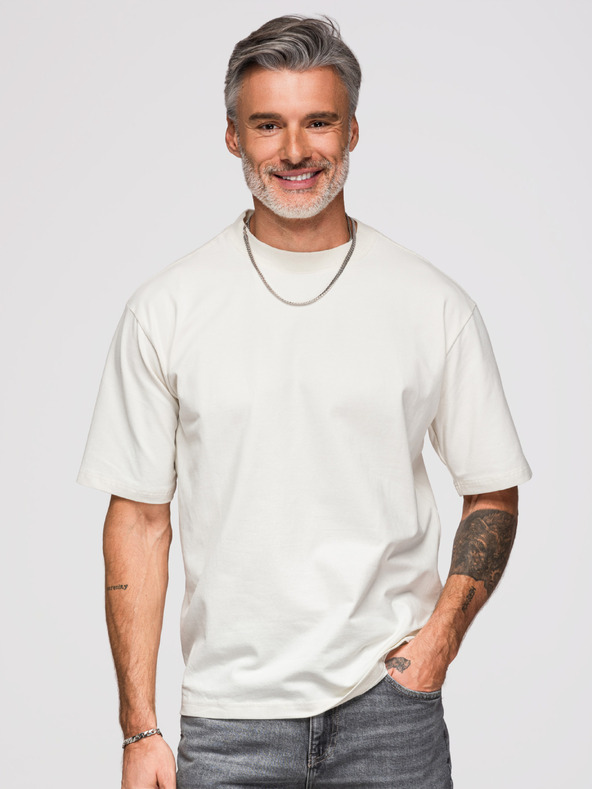 Ombre Clothing Férfi laza póló ezüst-fekete párduc aplikációval flitterekből és gyöngyökből a háton – törtfehér V2 OM-TSCT-0279 Ombre Clothing