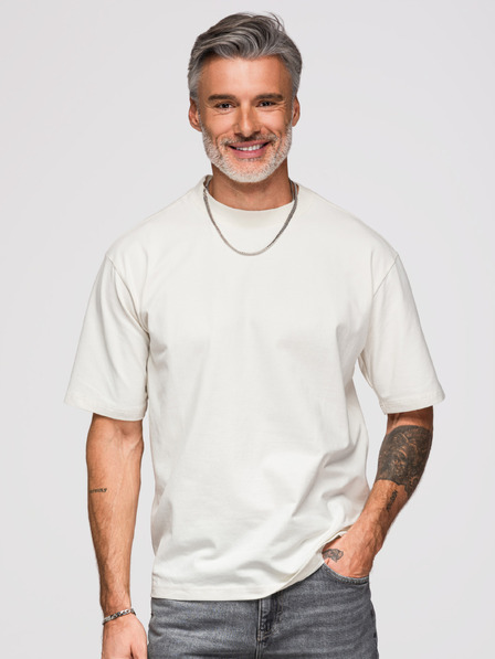 Ombre Clothing Férfi laza póló ezüst-fekete párduc aplikációval flitterekből és gyöngyökből a háton – törtfehér V2 OM-TSCT-0279 Ombre Clothing
