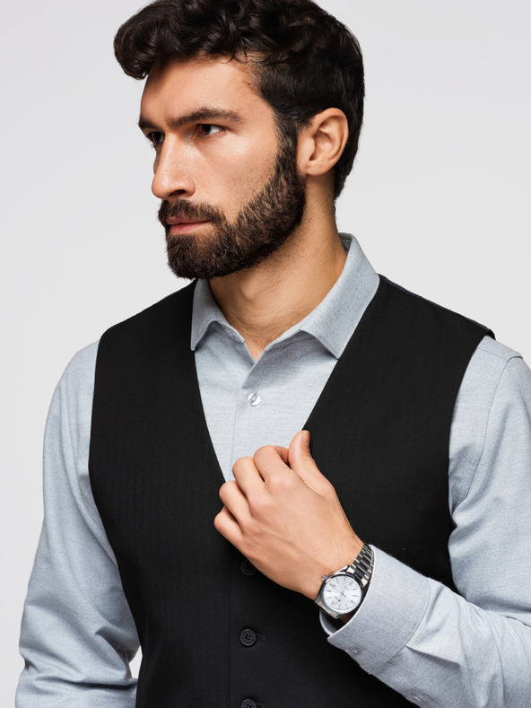 Ombre Clothing Klasszikus férfi elegáns mellény halszálka mintával, SLIM FIT vágás – V3, fekete V65 Ombre Clothing
