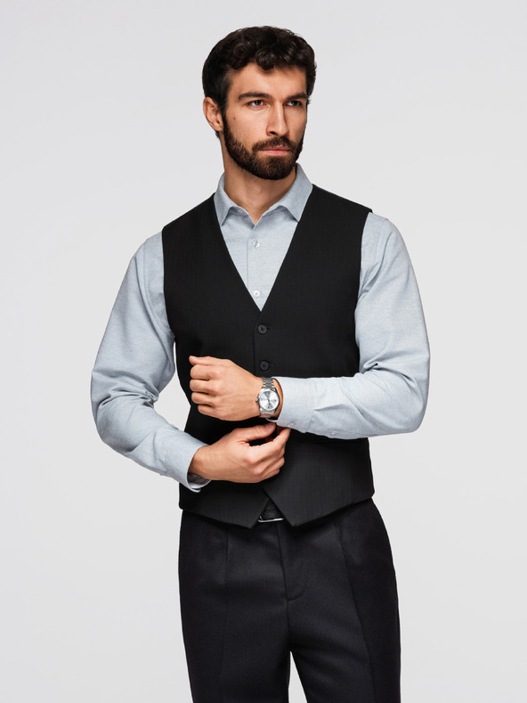 Ombre Clothing Klasszikus férfi elegáns mellény halszálka mintával, SLIM FIT vágás – V3, fekete V65 Ombre Clothing