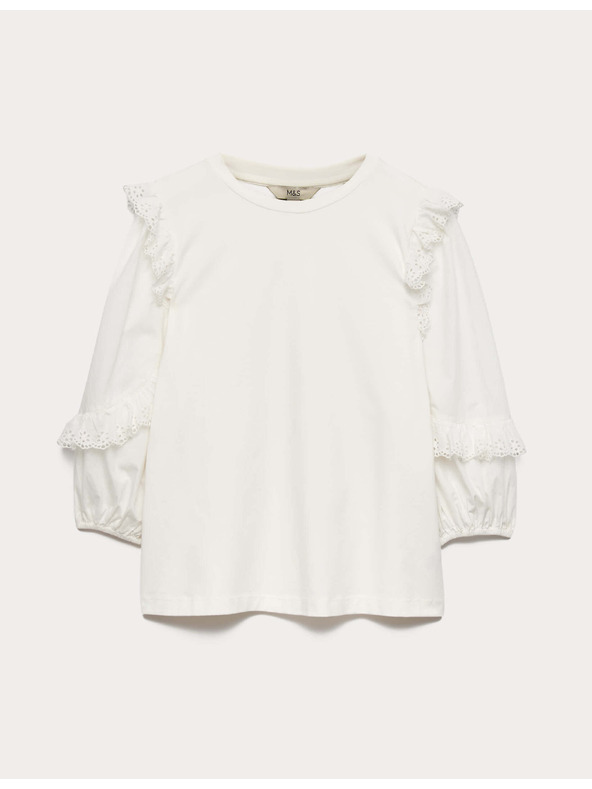 Marks & Spencer Magas pamutarányú top volánt ujjakkal Marks & Spencer fehér