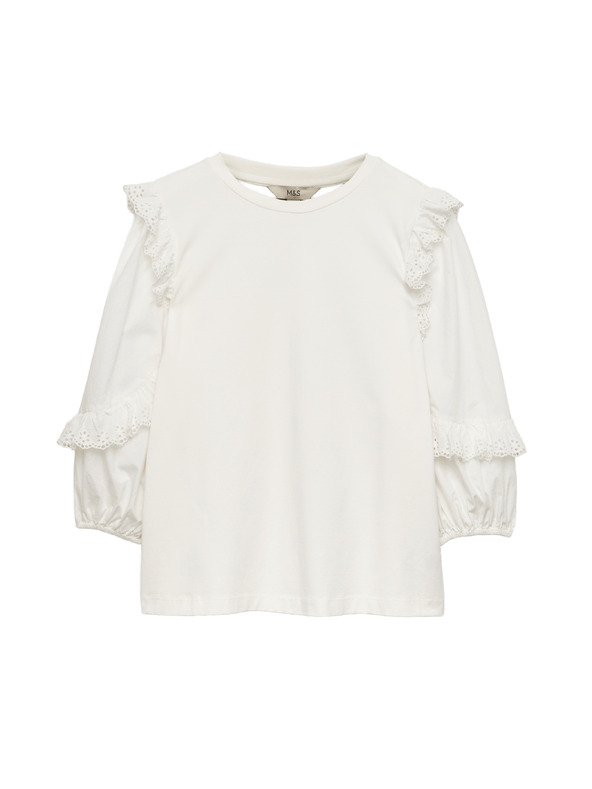 Marks & Spencer Magas pamutarányú top volánt ujjakkal Marks & Spencer fehér