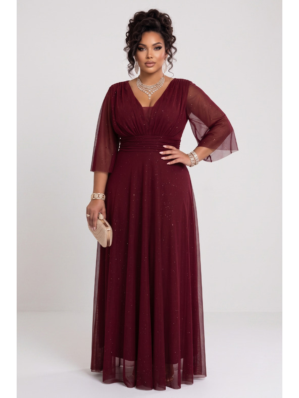 numoco Hosszú csillogó plus size ruha kivágással és átlátszó ujjal - bordó