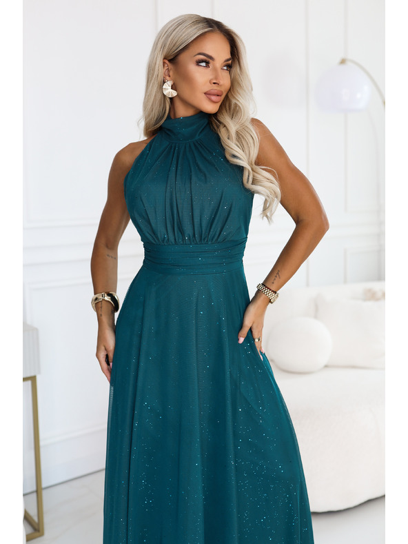 numoco VERONICA Luxus hosszú ruha csillogó akcentussal és elegáns szabással - zöld