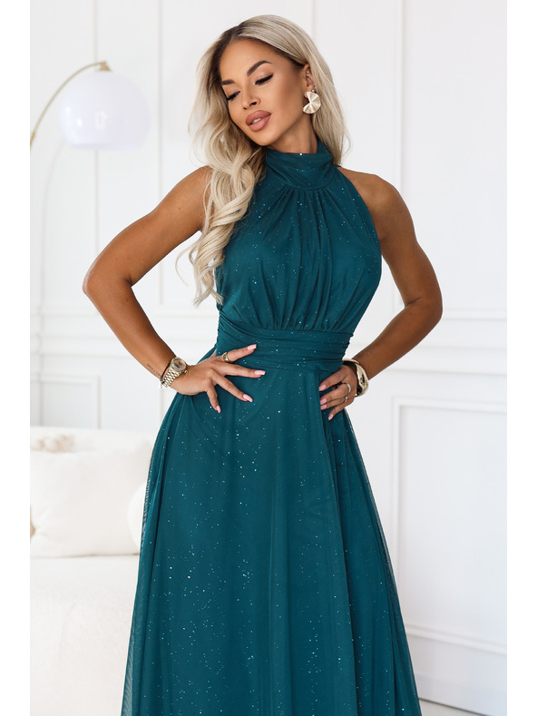 numoco VERONICA Luxus hosszú ruha csillogó akcentussal és elegáns szabással - zöld