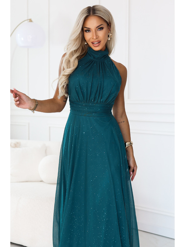 numoco VERONICA Luxus hosszú ruha csillogó akcentussal és elegáns szabással - zöld