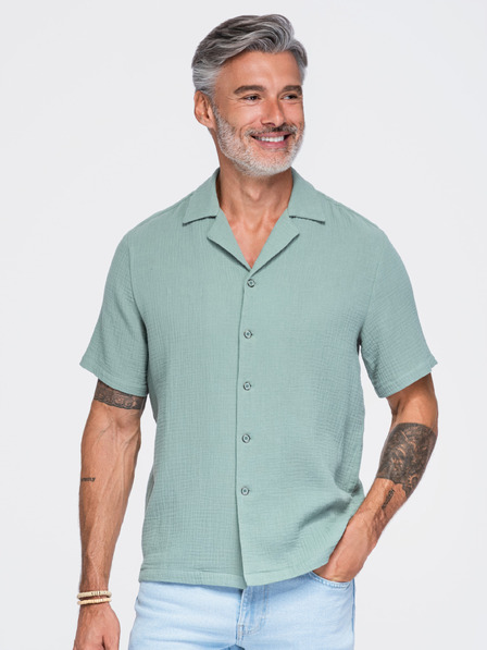 Ombre Clothing Férfi muszelinig kubai gallérral – pasztell zöld V3 OM-SHSS-0223 Ombre Clothing