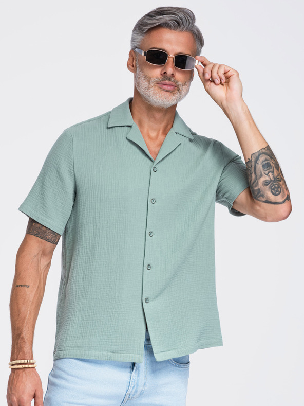Ombre Clothing Férfi muszelinig kubai gallérral – pasztell zöld V3 OM-SHSS-0223 Ombre Clothing