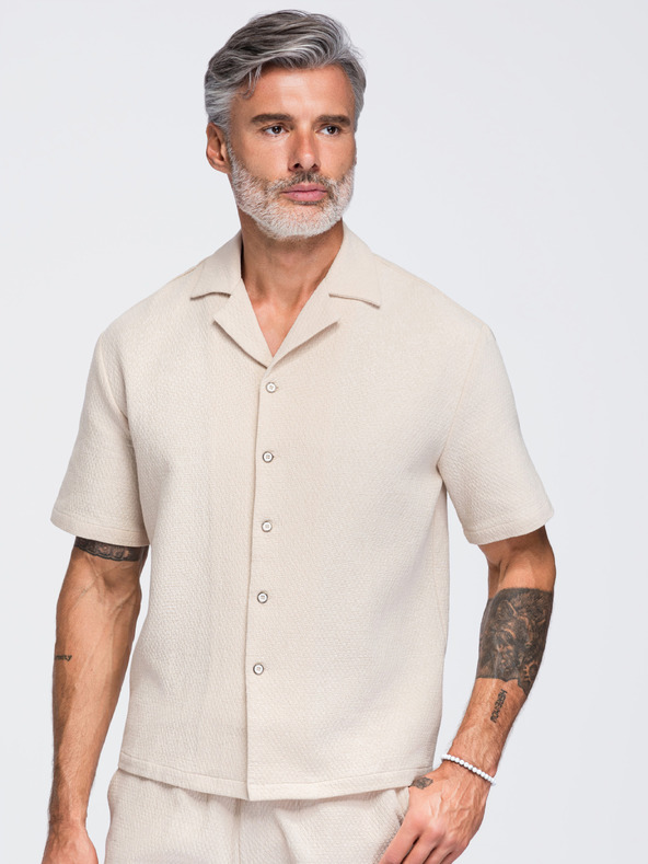 Ombre Clothing Férfi pamuting kubai gallérral – elefántcsont V2 OM-SHSS-0220 Ombre Clothing