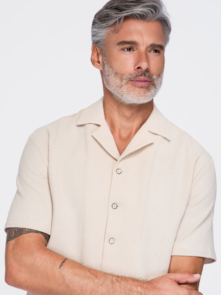 Ombre Clothing Férfi pamuting kubai gallérral – elefántcsont V2 OM-SHSS-0220 Ombre Clothing