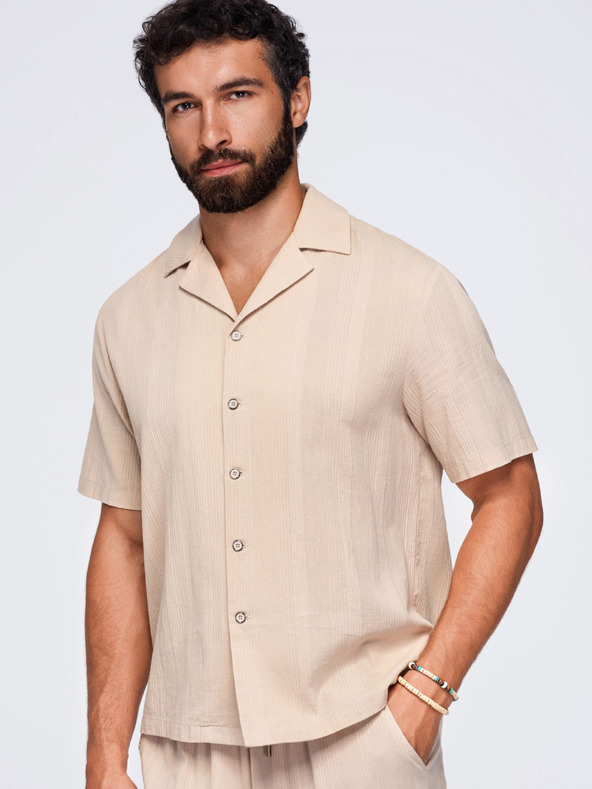 Ombre Clothing Férfi pamuting kubai gallérral – világosbarna V1 OM-SHSS-0221 Ombre Clothing
