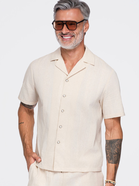 Ombre Clothing Férfi pamuting kubai gallérral – krémszín V3 OM-SHSS-0221 Ombre Clothing