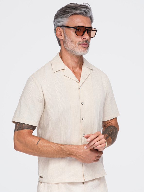 Ombre Clothing Férfi pamuting kubai gallérral – krémszín V3 OM-SHSS-0221 Ombre Clothing