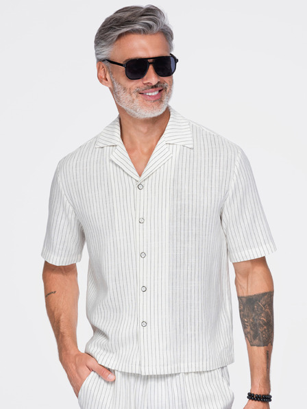 Ombre Clothing Férfi csíkos regular szabású ing viszkózból és lenvászonból kubai gallérral – elefántcsont V1 OM-SHSS-0222 Ombre Clothing