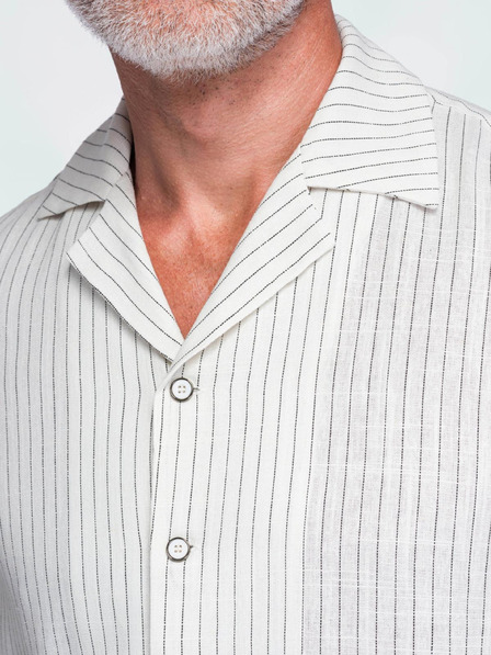 Ombre Clothing Férfi csíkos regular szabású ing viszkózból és lenvászonból kubai gallérral – elefántcsont V1 OM-SHSS-0222 Ombre Clothing
