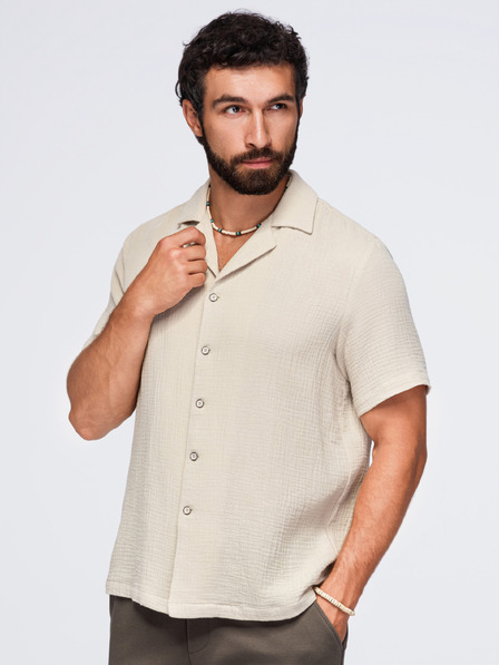 Ombre Clothing Férfi muszelinig kubai gallérral – bézs V1 OM-SHSS-0223 Ombre Clothing