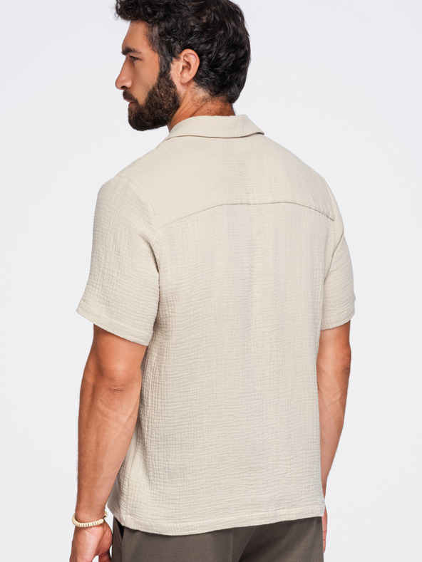 Ombre Clothing Férfi muszelinig kubai gallérral – bézs V1 OM-SHSS-0223 Ombre Clothing