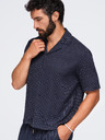 Ombre Clothing Férfi csíkos regular szabású ing viszkózból és lenvászonból kubai gallérral – sötétkék V2 OM-SHSS-0222 Ombre Clothing