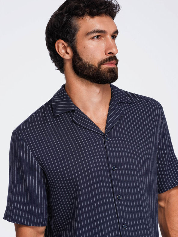 Ombre Clothing Férfi csíkos regular szabású ing viszkózból és lenvászonból kubai gallérral – sötétkék V2 OM-SHSS-0222 Ombre Clothing