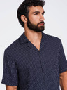 Ombre Clothing Férfi csíkos regular szabású ing viszkózból és lenvászonból kubai gallérral – sötétkék V2 OM-SHSS-0222 Ombre Clothing