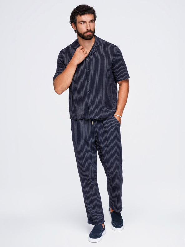 Ombre Clothing Férfi csíkos regular szabású ing viszkózból és lenvászonból kubai gallérral – sötétkék V2 OM-SHSS-0222 Ombre Clothing