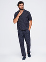 Ombre Clothing Férfi csíkos regular szabású ing viszkózból és lenvászonból kubai gallérral – sötétkék V2 OM-SHSS-0222 Ombre Clothing